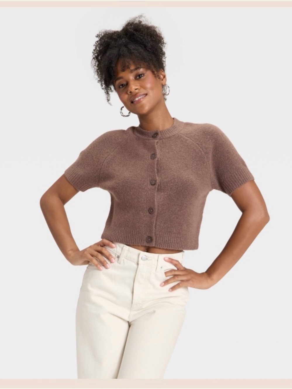 Universal Thread Cropped Button-Front Cardigan in Brown
